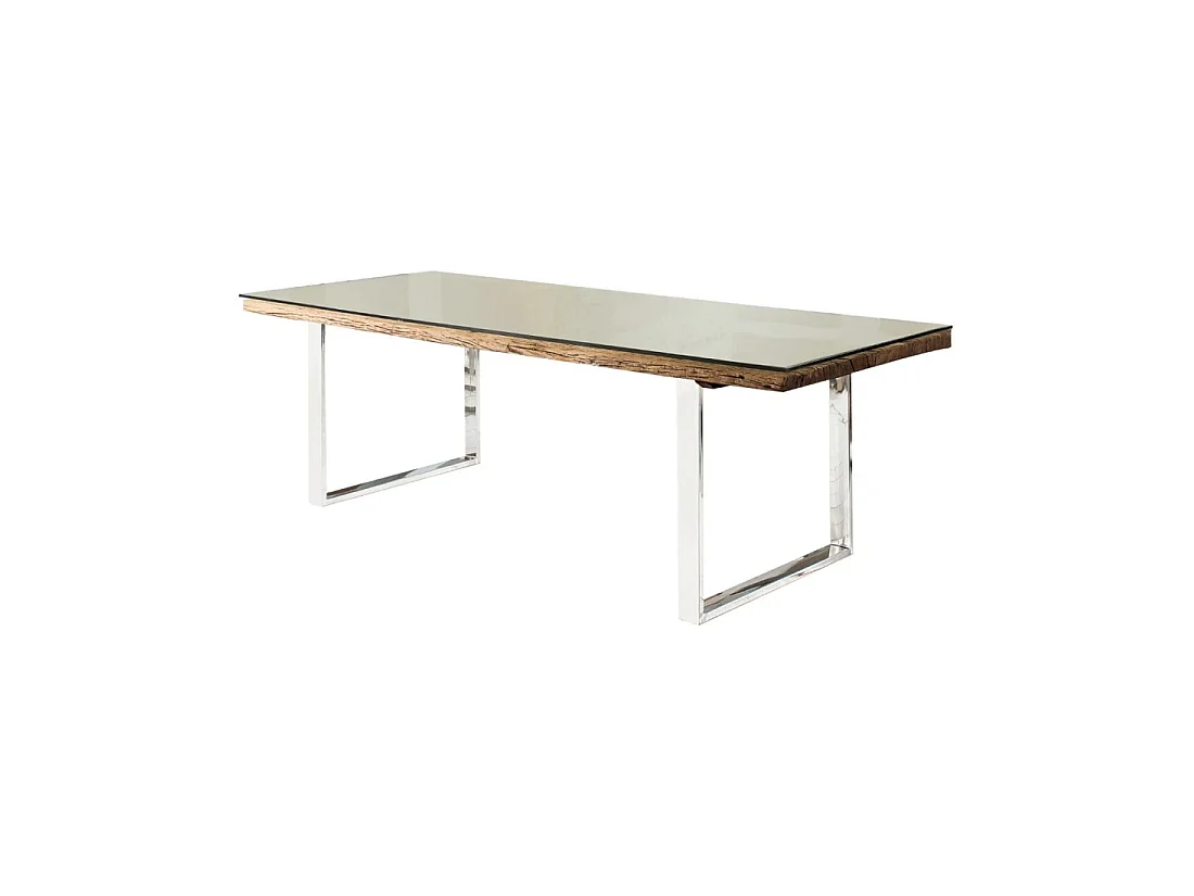 Table de salle à manger RAFTA 203 cm en bois recyclé, teck vieilli et verre trempé