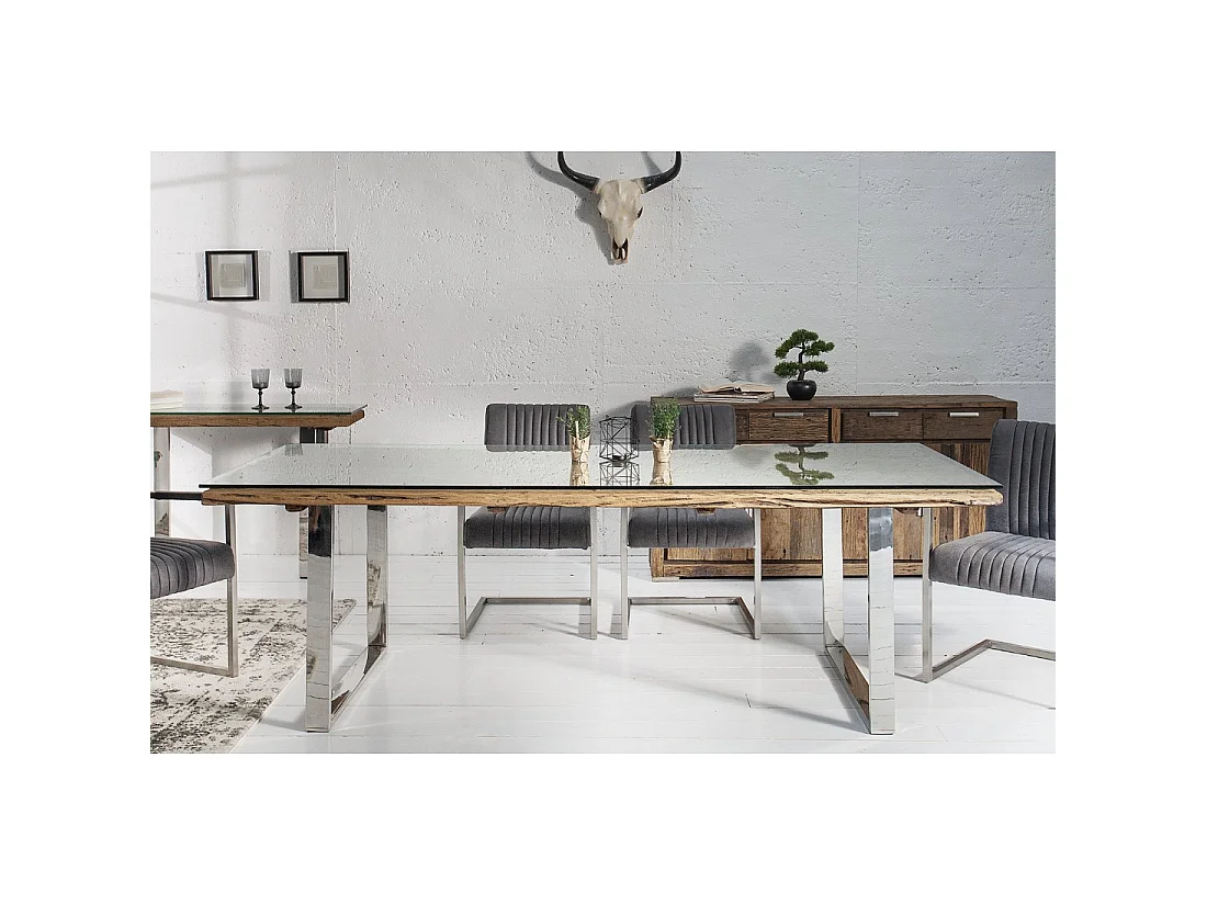 Table de salle à manger RAFTA 203 cm en bois recyclé, teck vieilli et verre trempé