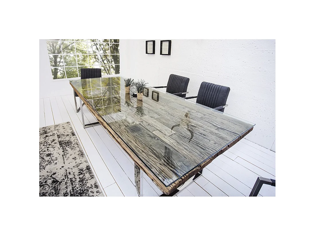 Table de salle à manger RAFTA 203 cm en bois recyclé, teck vieilli et verre trempé