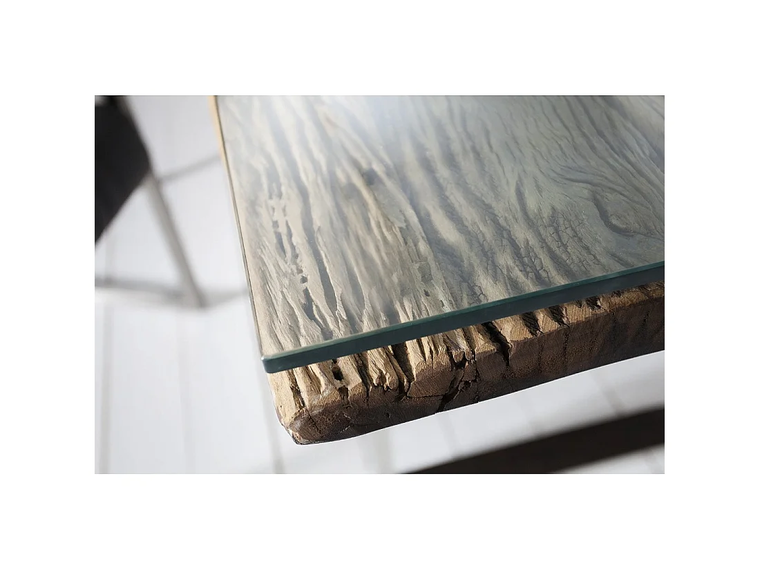 Table de salle à manger RAFTA 203 cm en bois recyclé, teck vieilli et verre trempé