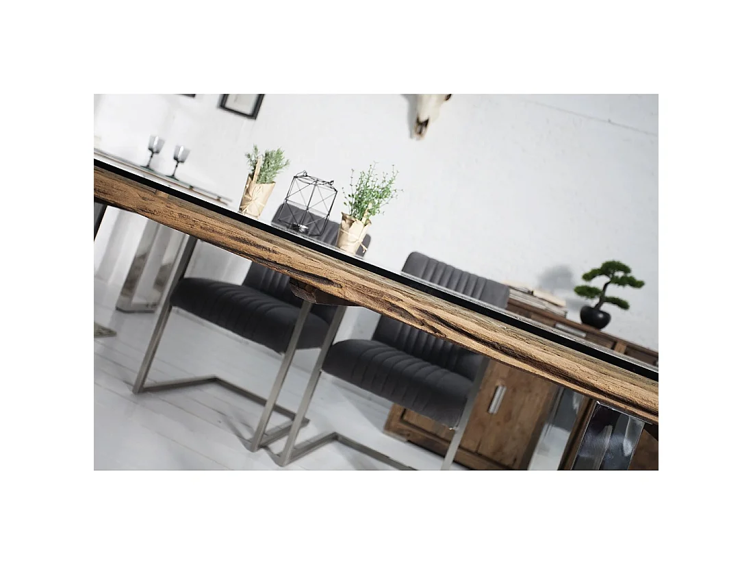 Table de salle à manger RAFTA 203 cm en bois recyclé, teck vieilli et verre trempé