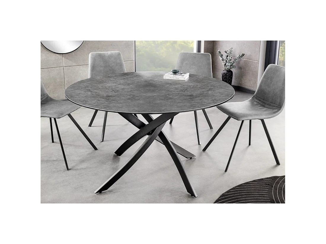 Table de salle à manger ronde ARAVIS 120 cm – Céramique grise et piètement métal noir sculptural
