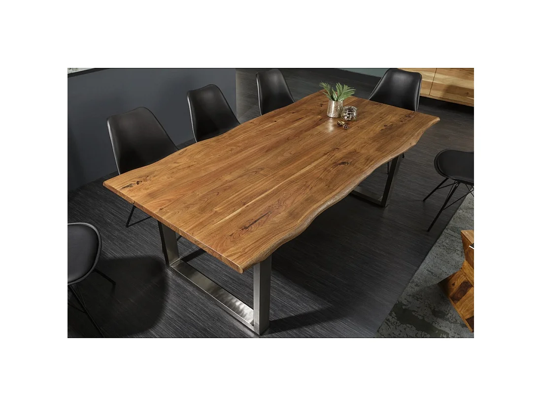 Table de salle à manger ARKAYA 180 cm en bois massif d'acacia et acier inoxydable – Plateau bord naturel
