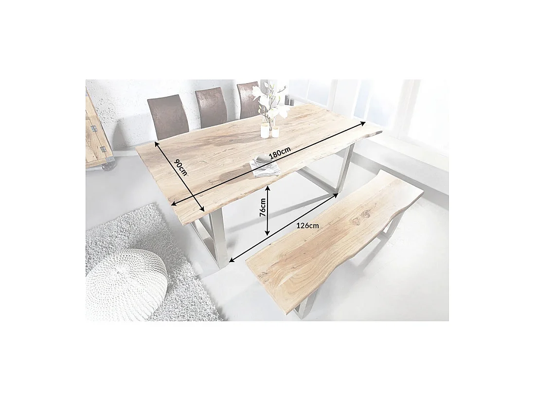 Table de salle à manger ARKAYA 180 cm en bois massif d'acacia et acier inoxydable – Plateau bord naturel