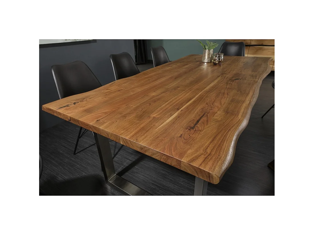 Table de salle à manger ARKAYA 180 cm en bois massif d'acacia et acier inoxydable – Plateau bord naturel