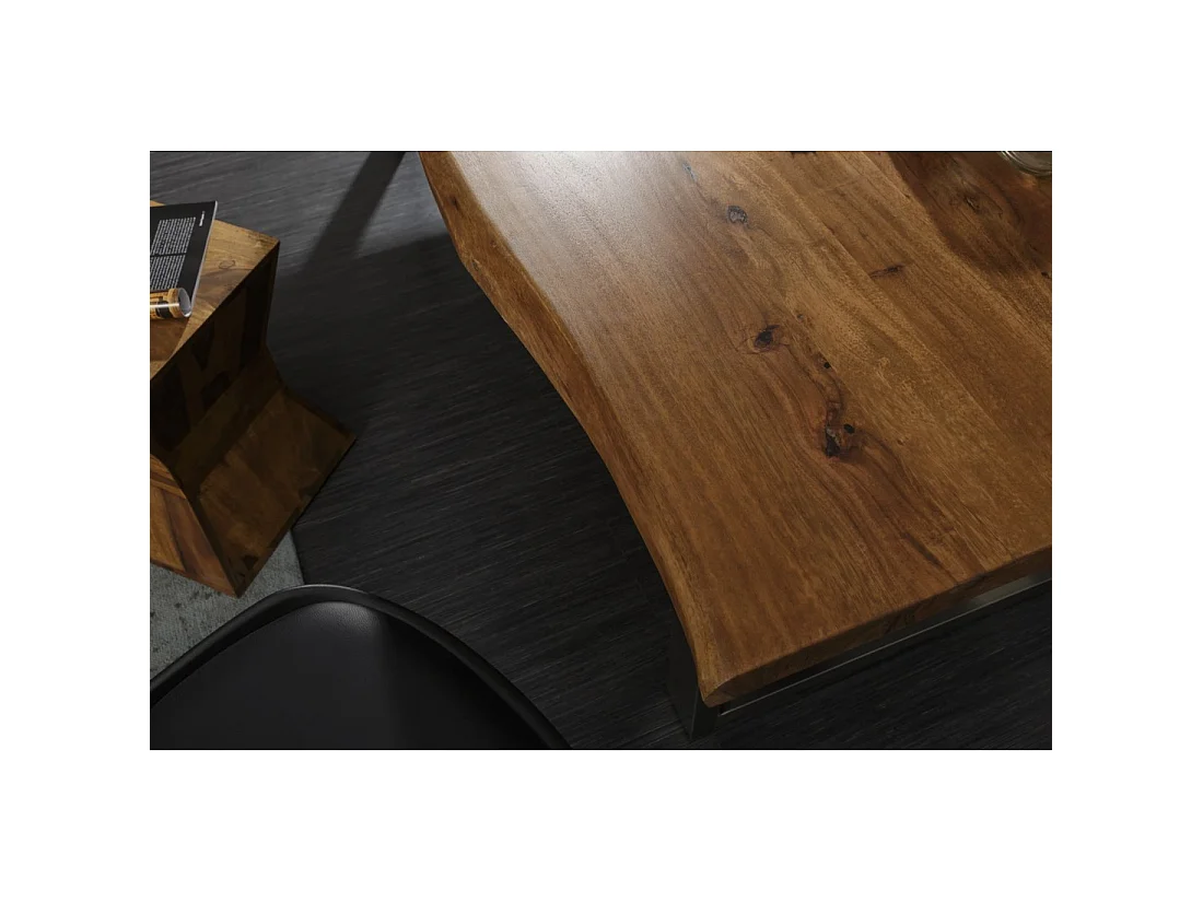 Table de salle à manger ARKAYA 180 cm en bois massif d'acacia et acier inoxydable – Plateau bord naturel
