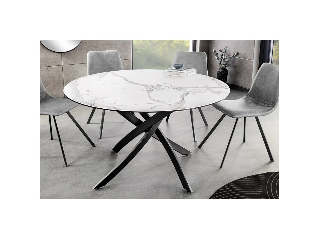 Table de salle à manger ronde ARAVIS 120 cm – Céramique effet marbre blanc et piètement métal noir design