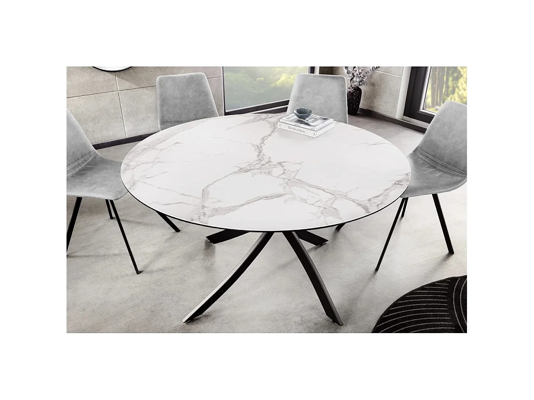 Table de salle à manger ronde ARAVIS 120 cm – Céramique effet marbre blanc et piètement métal noir design