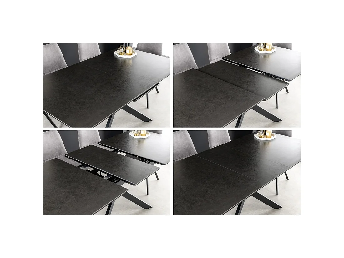 Mesa de comedor extensible ARAVIS 160-200 cm – Cerámica negra y patas de diseño metálico