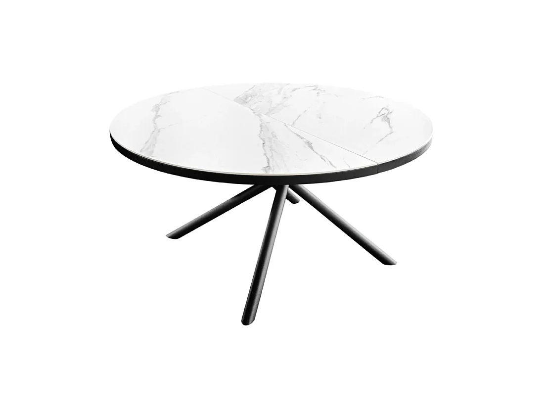 Table de salle à manger ronde extensible OPHIRA 120-160 cm – Céramique effet marbre blanc et métal noir