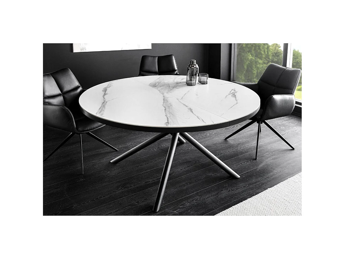 Table de salle à manger ronde extensible OPHIRA 120-160 cm – Céramique effet marbre blanc et métal noir