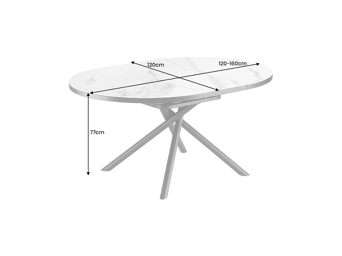Table de salle à manger ronde extensible OPHIRA 120-160 cm – Céramique effet marbre blanc et métal noir