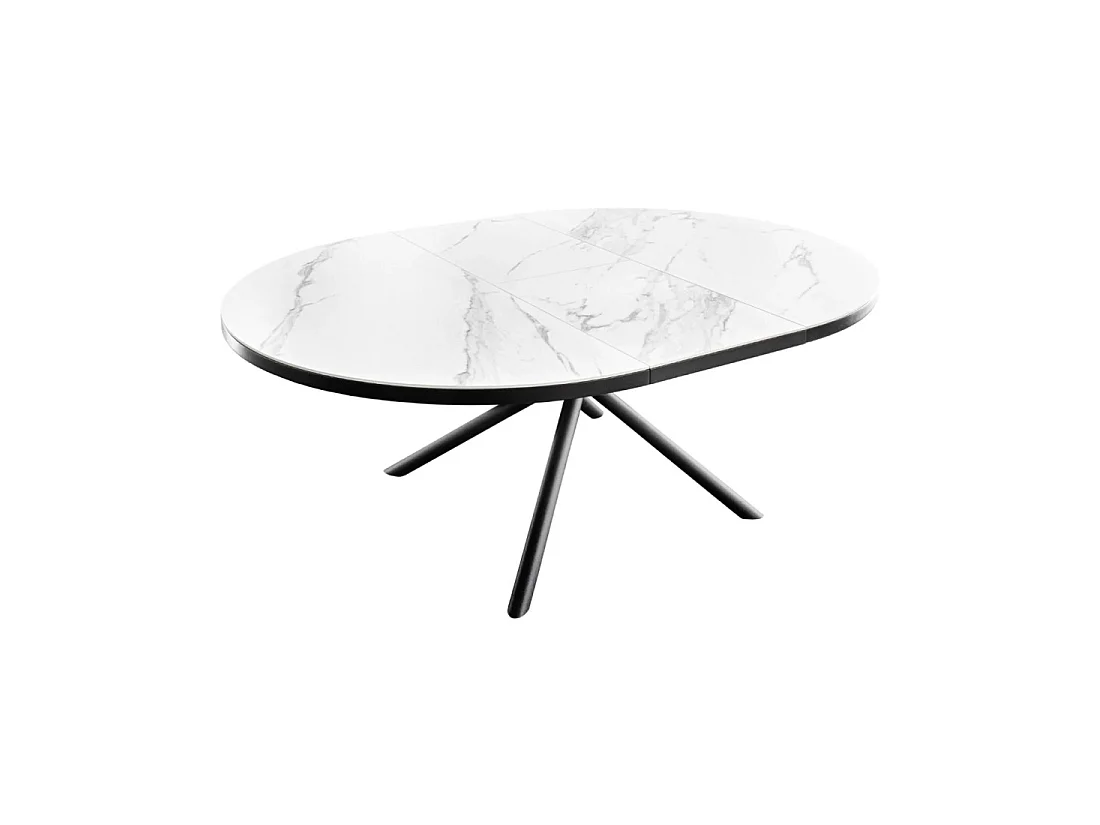 Table de salle à manger ronde extensible OPHIRA 120-160 cm – Céramique effet marbre blanc et métal noir