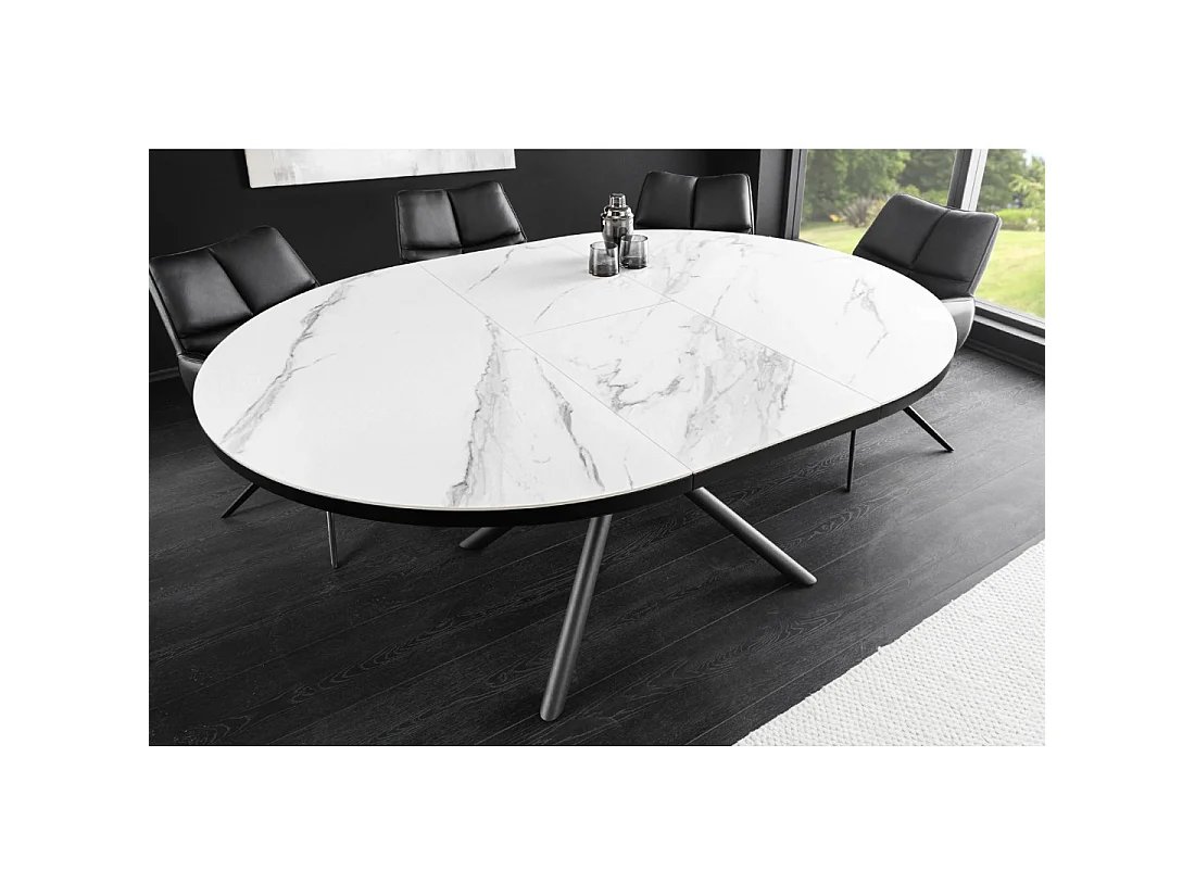 Table de salle à manger ronde extensible OPHIRA 120-160 cm – Céramique effet marbre blanc et métal noir