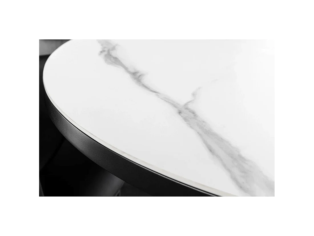 Table de salle à manger ronde extensible OPHIRA 120-160 cm – Céramique effet marbre blanc et métal noir