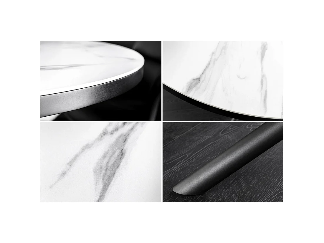 Table de salle à manger ronde extensible OPHIRA 120-160 cm – Céramique effet marbre blanc et métal noir