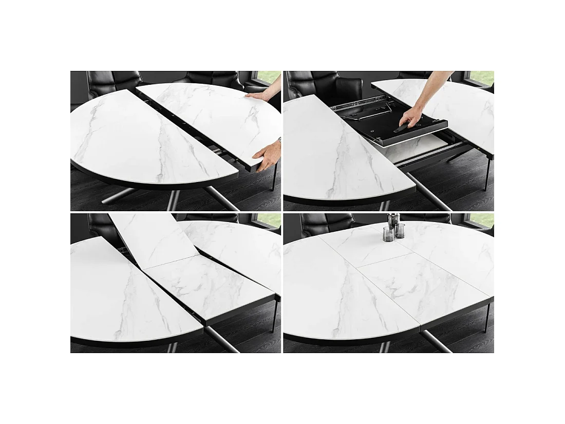 Table de salle à manger ronde extensible OPHIRA 120-160 cm – Céramique effet marbre blanc et métal noir