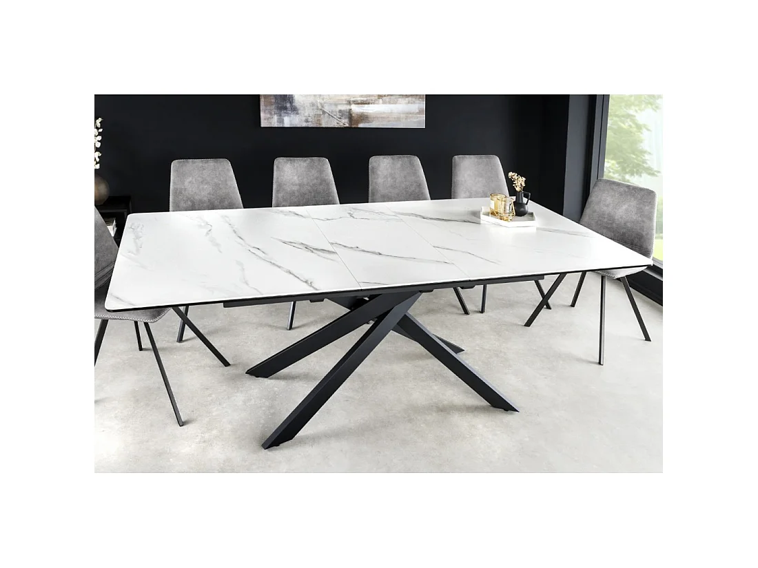Table de salle à manger extensible ARAVIS 160-200 cm – Céramique effet marbre blanc et pieds métal noir