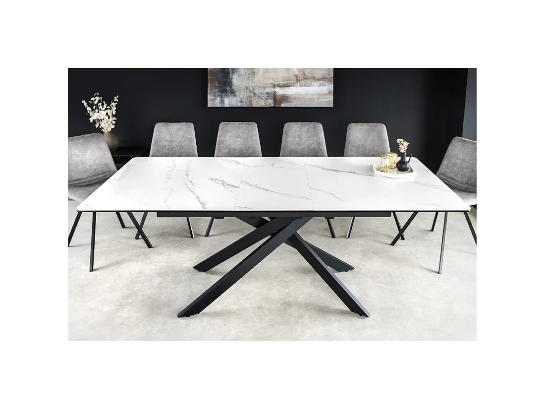 Table de salle à manger extensible ARAVIS 160-200 cm – Céramique effet marbre blanc et pieds métal noir