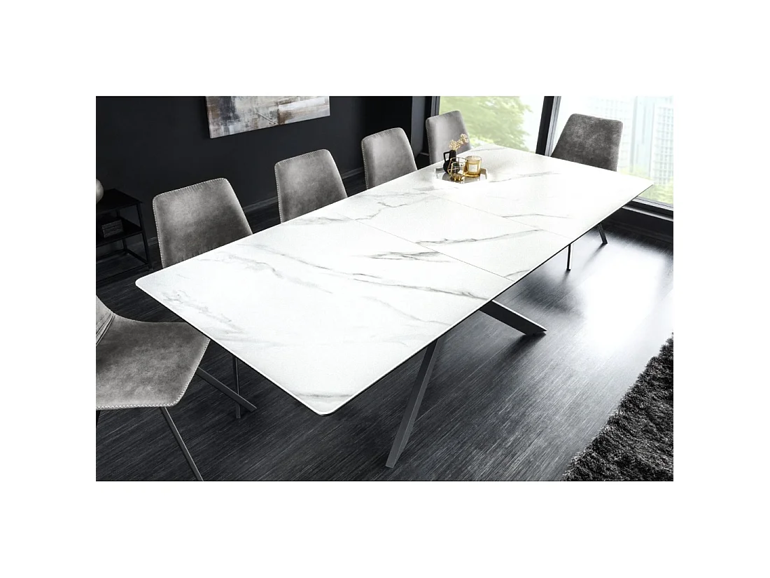 Table de salle à manger extensible ARAVIS 160-200 cm – Céramique effet marbre blanc et pieds métal noir