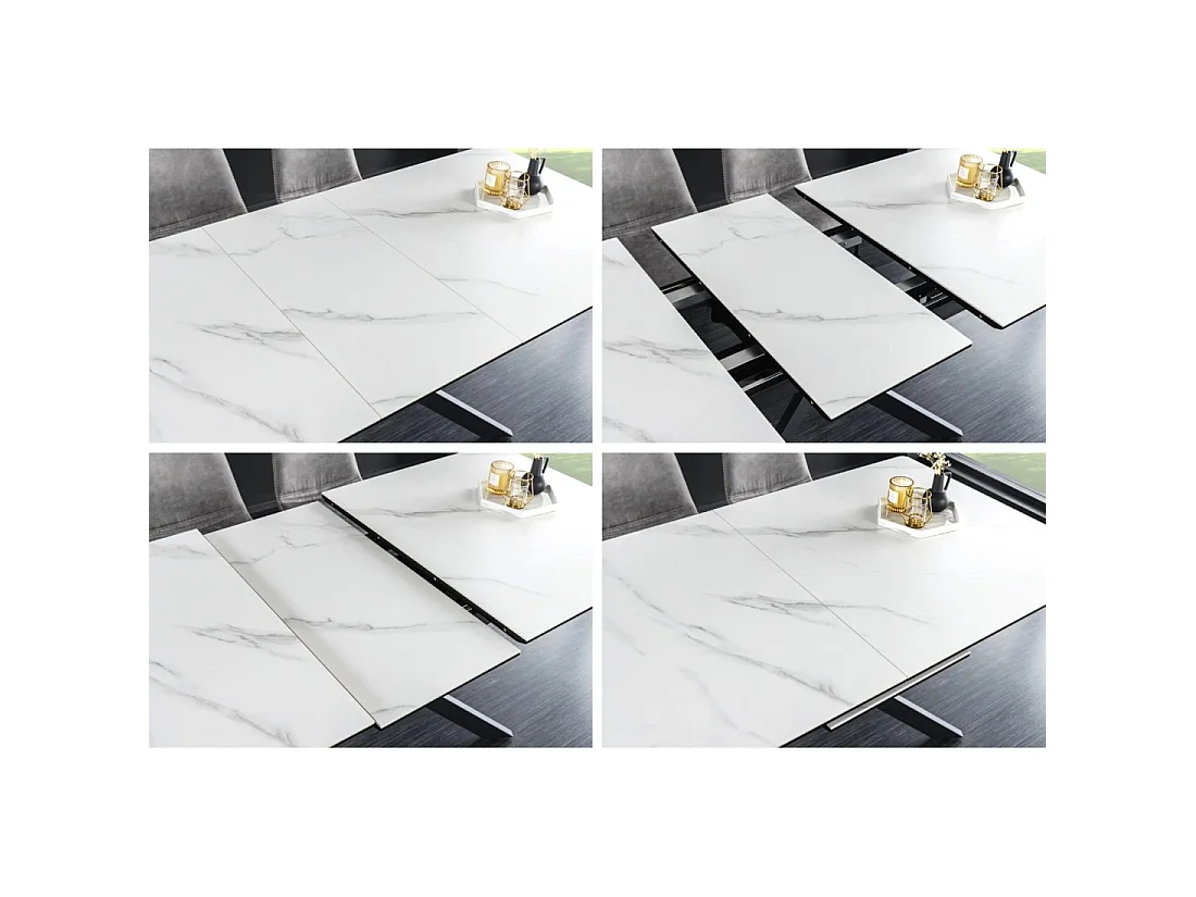 Table de salle à manger extensible ARAVIS 160-200 cm – Céramique effet marbre blanc et pieds métal noir