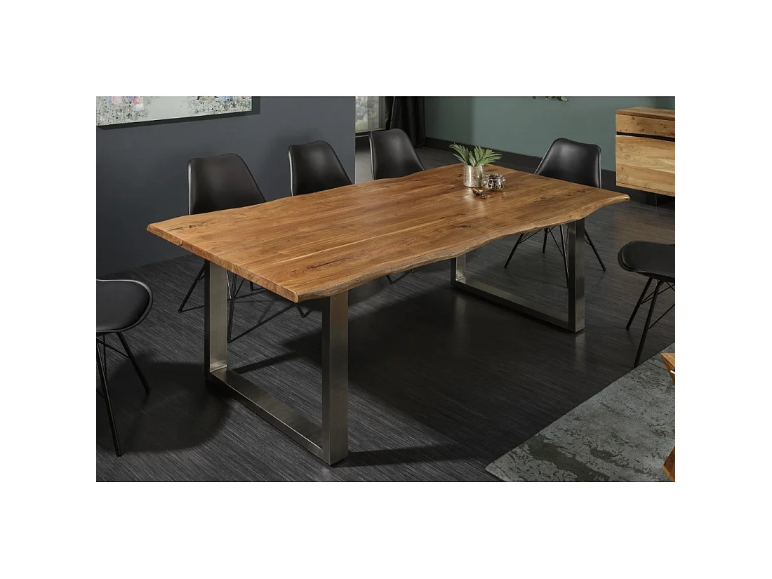 Table de salle à manger ARKAYA 200 cm en bois massif d'acacia et acier inoxydable – Bord naturel