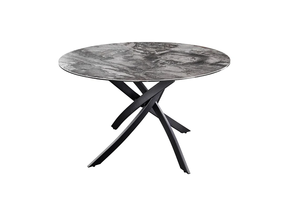 Table de salle à manger ronde ARAVIS 120 cm – Céramique effet marbre gris et piètement métal noir design