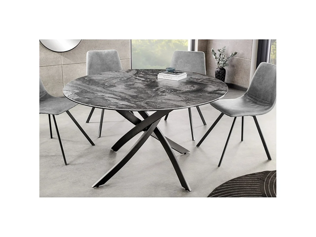 Table de salle à manger ronde ARAVIS 120 cm – Céramique effet marbre gris et piètement métal noir design