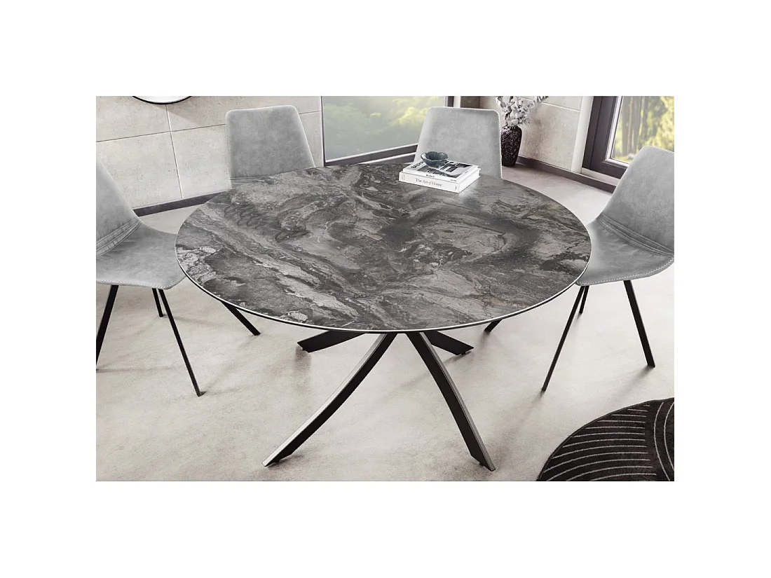 Table de salle à manger ronde ARAVIS 120 cm – Céramique effet marbre gris et piètement métal noir design