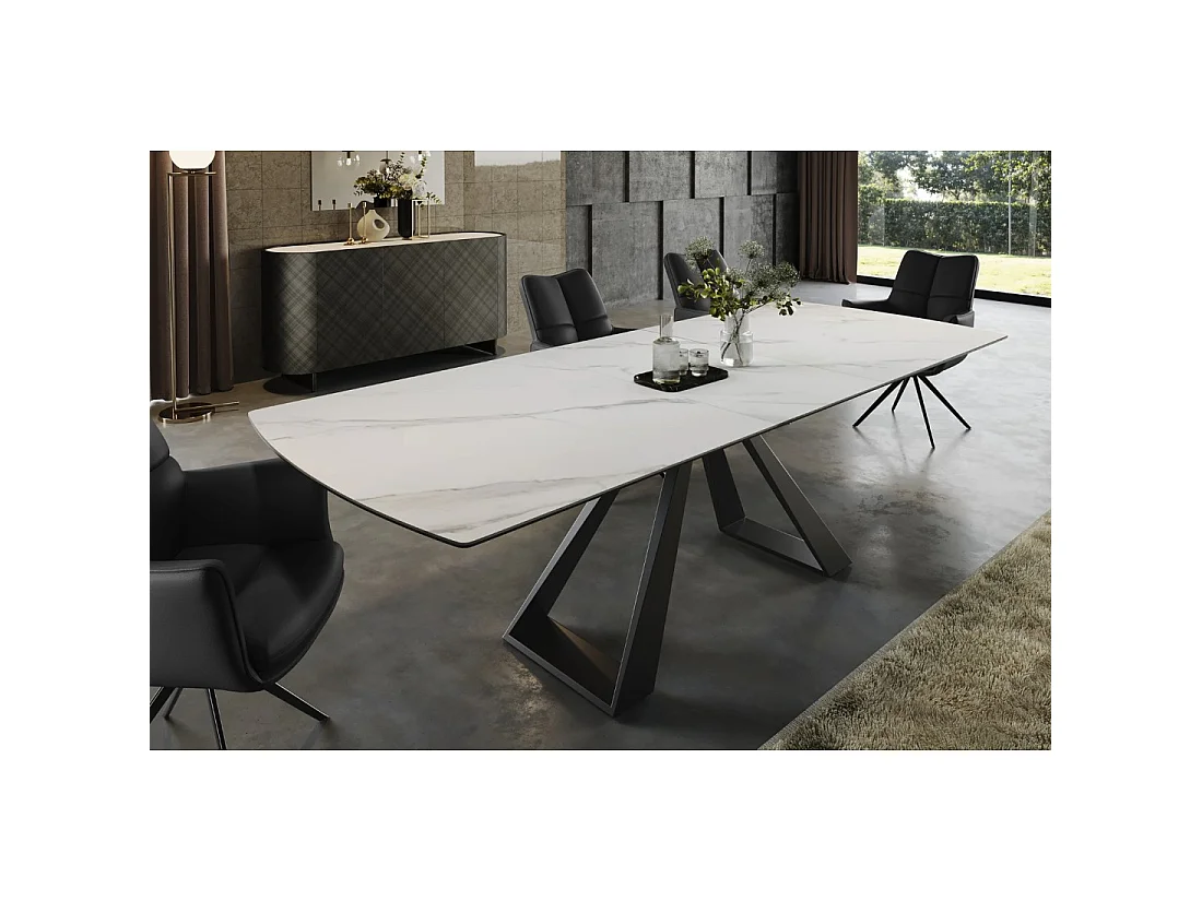 Table de salle à manger extensible OBLIKA 180-230 cm – Céramique effet marbre blanc et métal noir
