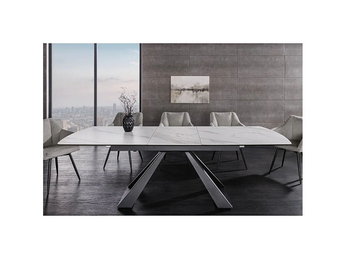 Table de salle à manger extensible OBLIKA 180-230 cm – Céramique effet marbre blanc et métal noir