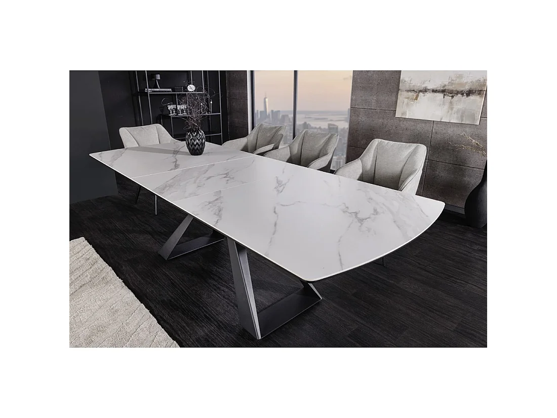 Table de salle à manger extensible OBLIKA 180-230 cm – Céramique effet marbre blanc et métal noir