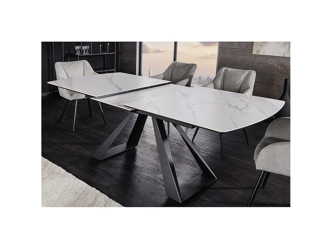 Table de salle à manger extensible OBLIKA 180-230 cm – Céramique effet marbre blanc et métal noir