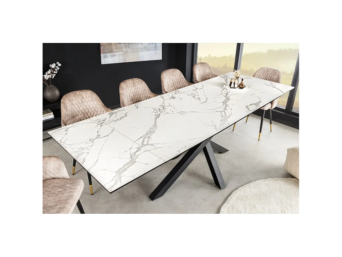 Table de salle à manger extensible PETRANO 180-220-260 cm – Céramique effet marbre blanc et métal noir