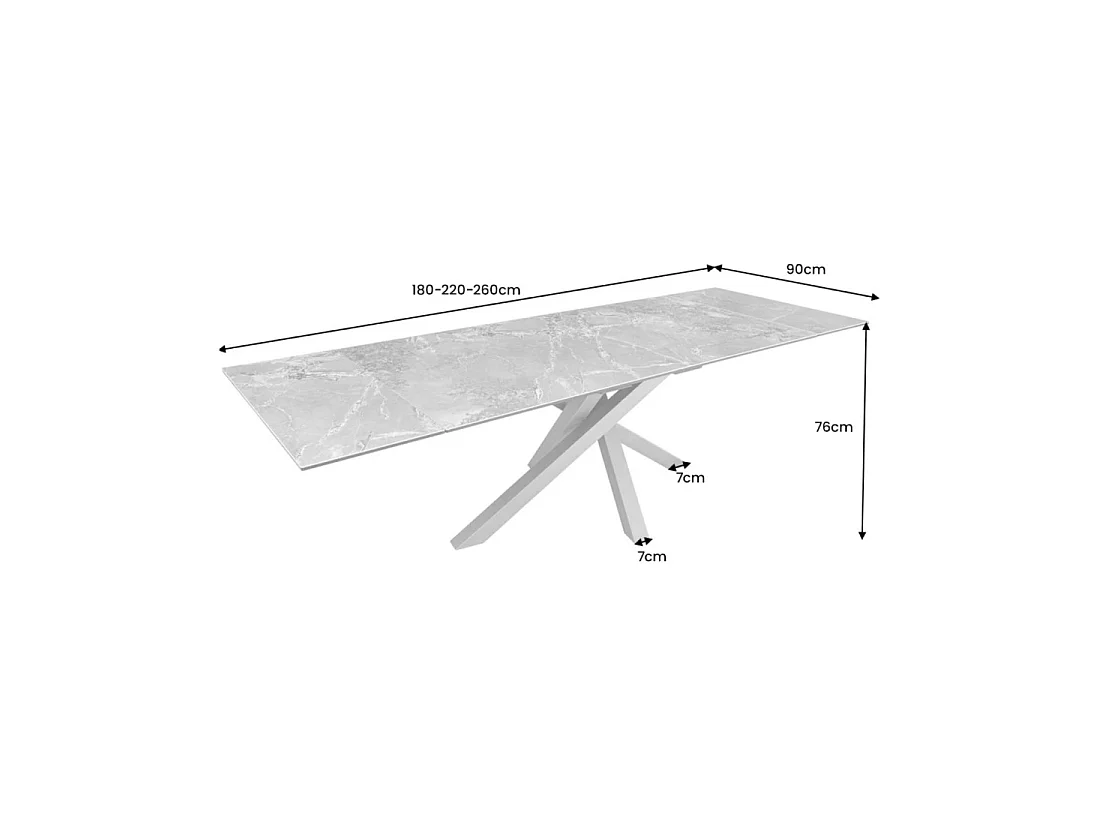 Table de salle à manger extensible PETRANO 180-220-260 cm – Céramique effet marbre blanc et métal noir