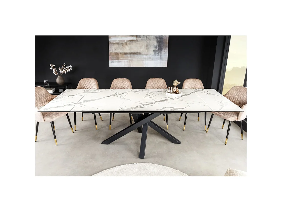 Table de salle à manger extensible PETRANO 180-220-260 cm – Céramique effet marbre blanc et métal noir