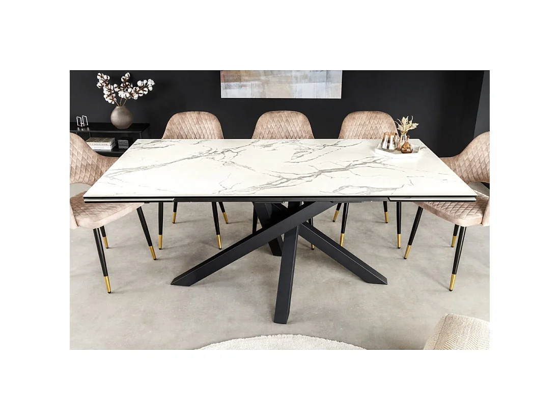 Table de salle à manger extensible PETRANO 180-220-260 cm – Céramique effet marbre blanc et métal noir