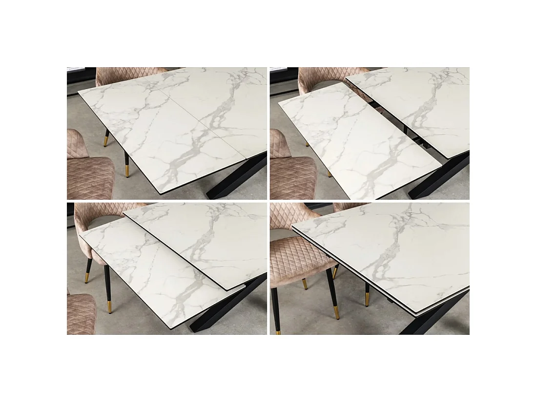 Table de salle à manger extensible PETRANO 180-220-260 cm – Céramique effet marbre blanc et métal noir