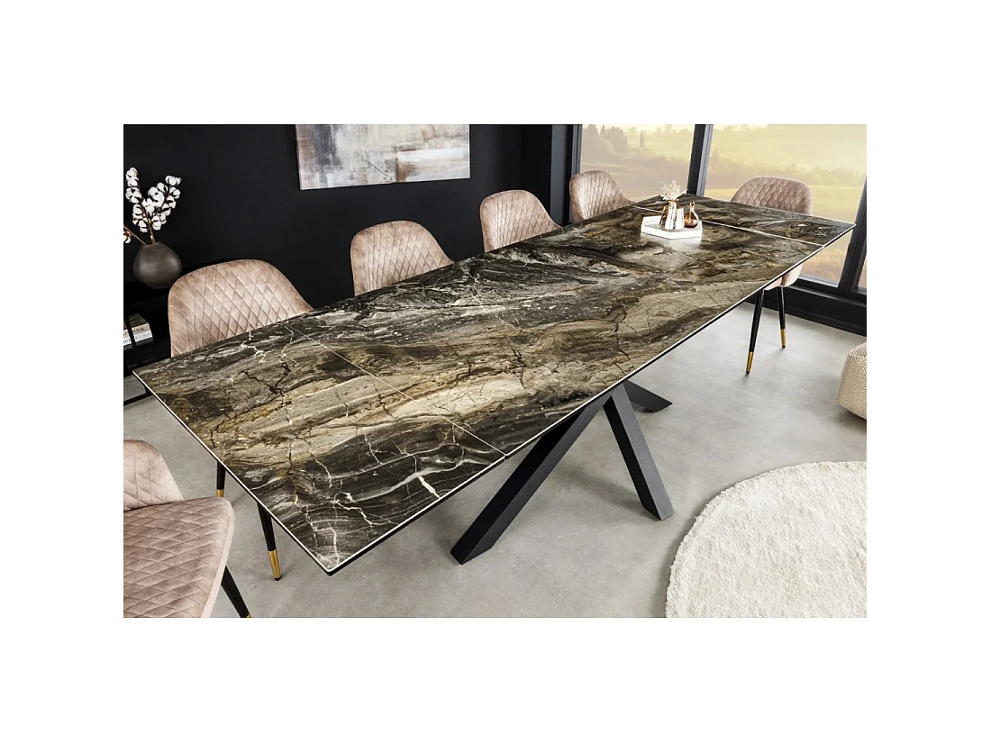 Table de salle à manger extensible PETRANO 180-220-260 cm – Céramique effet marbre taupe et métal noir