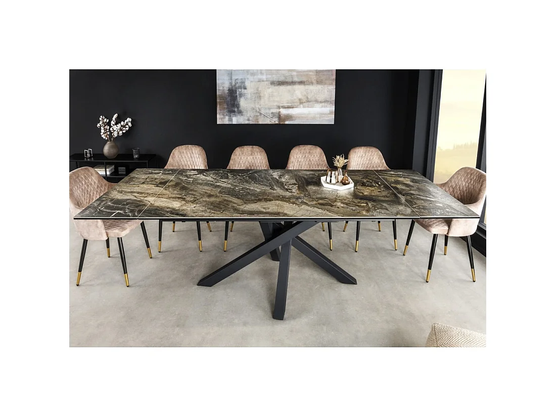 Table de salle à manger extensible PETRANO 180-220-260 cm – Céramique effet marbre taupe et métal noir