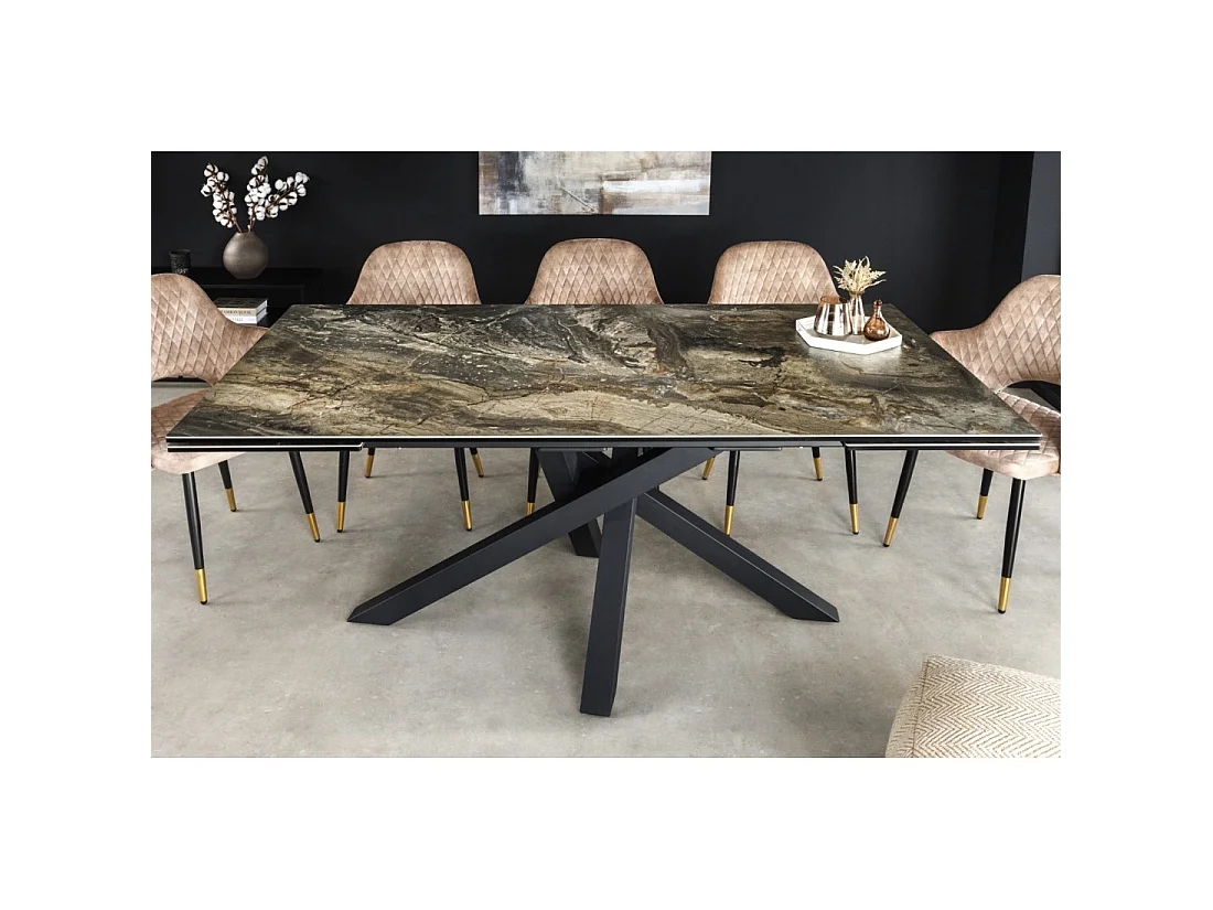 Table de salle à manger extensible PETRANO 180-220-260 cm – Céramique effet marbre taupe et métal noir