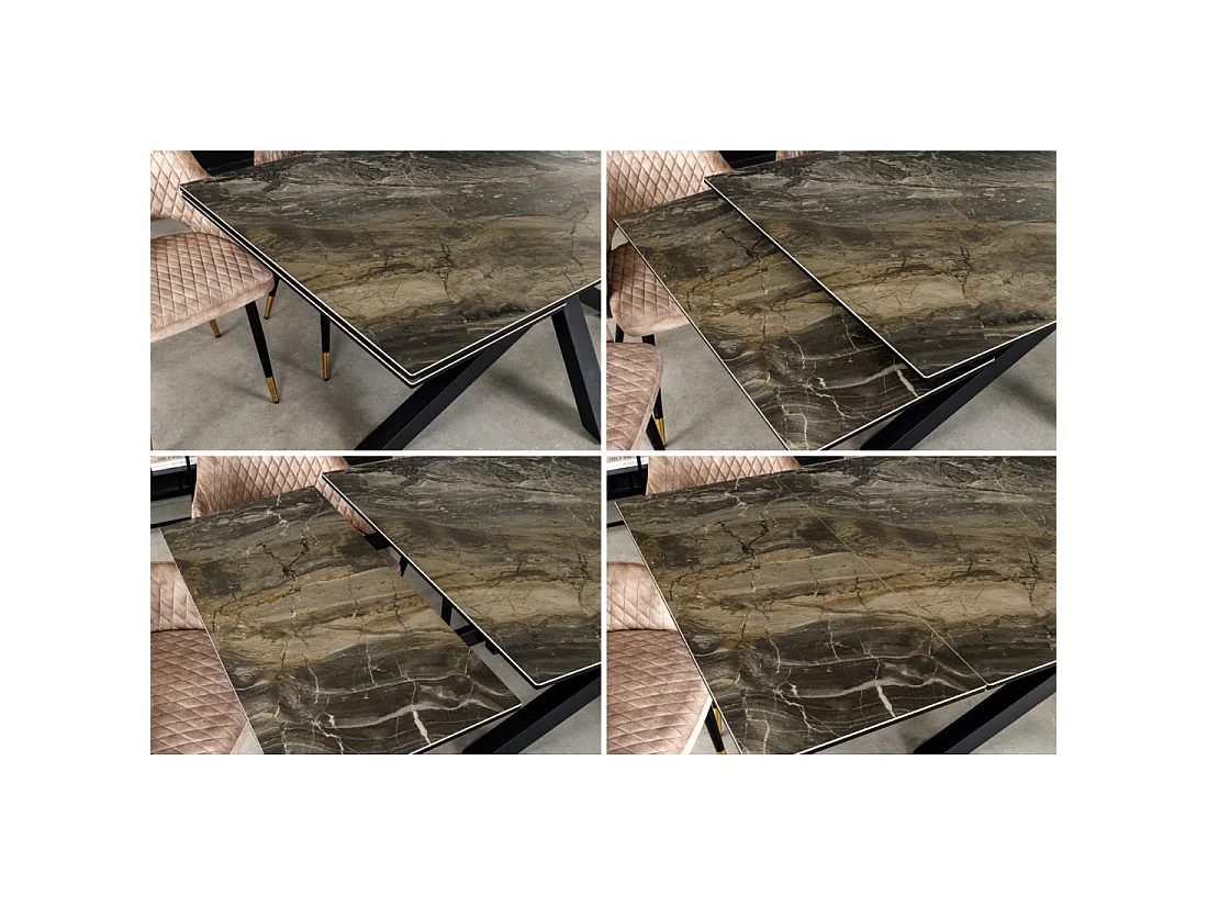 Table de salle à manger extensible PETRANO 180-220-260 cm – Céramique effet marbre taupe et métal noir