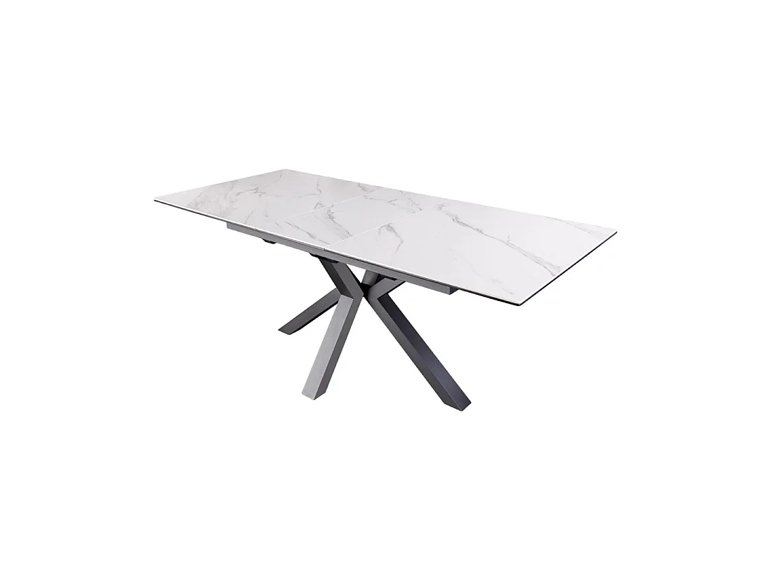 Table de salle à manger extensible LITHOS 160-200 cm – Céramique effet marbre blanc et piètement étoilé noir