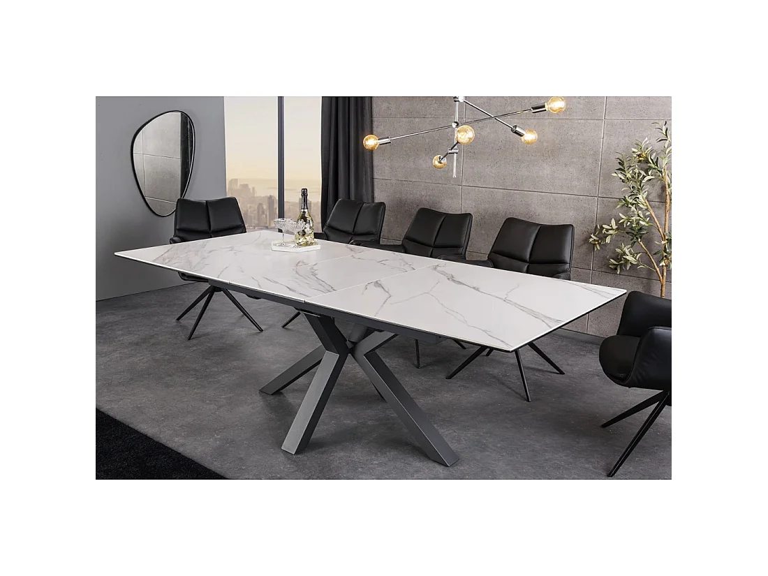Table de salle à manger extensible LITHOS 160-200 cm – Céramique effet marbre blanc et piètement étoilé noir