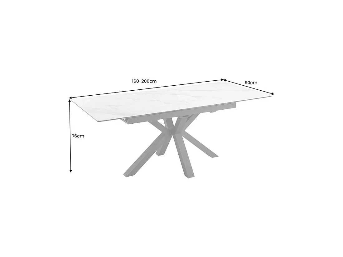 Table de salle à manger extensible LITHOS 160-200 cm – Céramique effet marbre blanc et piètement étoilé noir