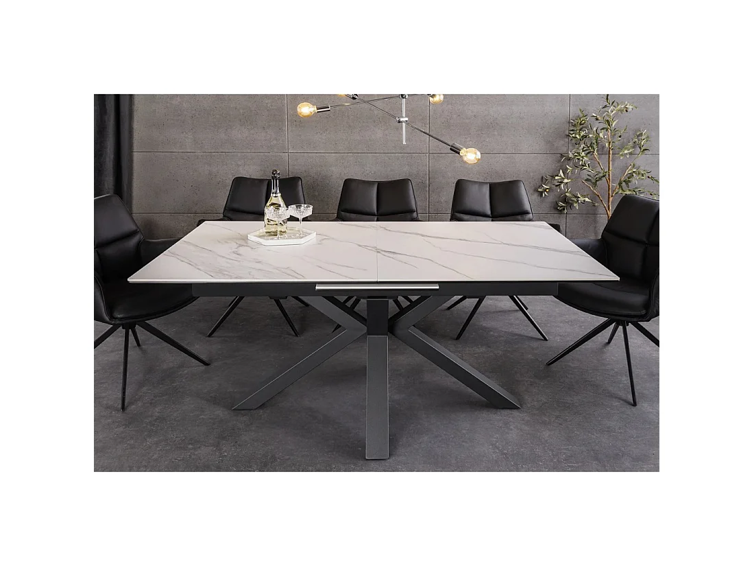 Table de salle à manger extensible LITHOS 160-200 cm – Céramique effet marbre blanc et piètement étoilé noir