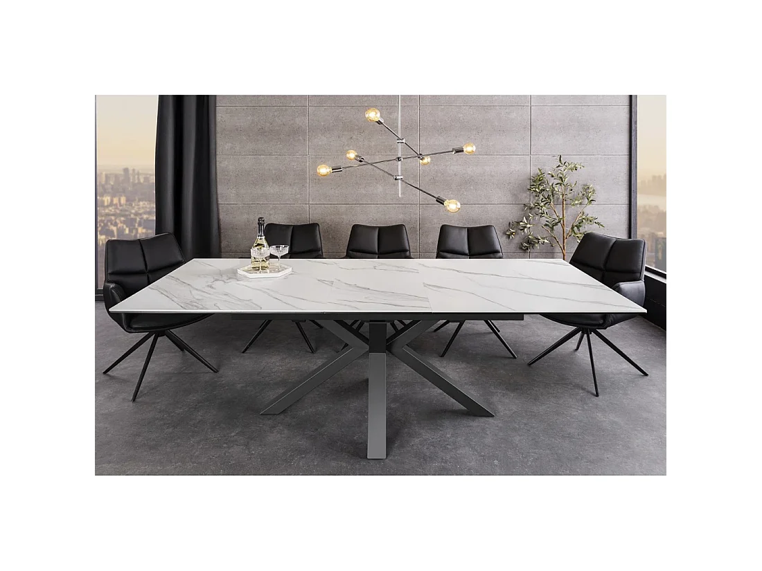 Table de salle à manger extensible LITHOS 160-200 cm – Céramique effet marbre blanc et piètement étoilé noir