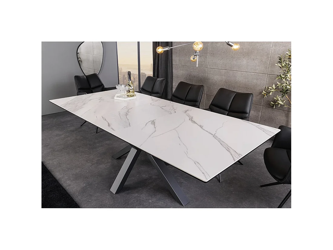 Table de salle à manger extensible LITHOS 160-200 cm – Céramique effet marbre blanc et piètement étoilé noir