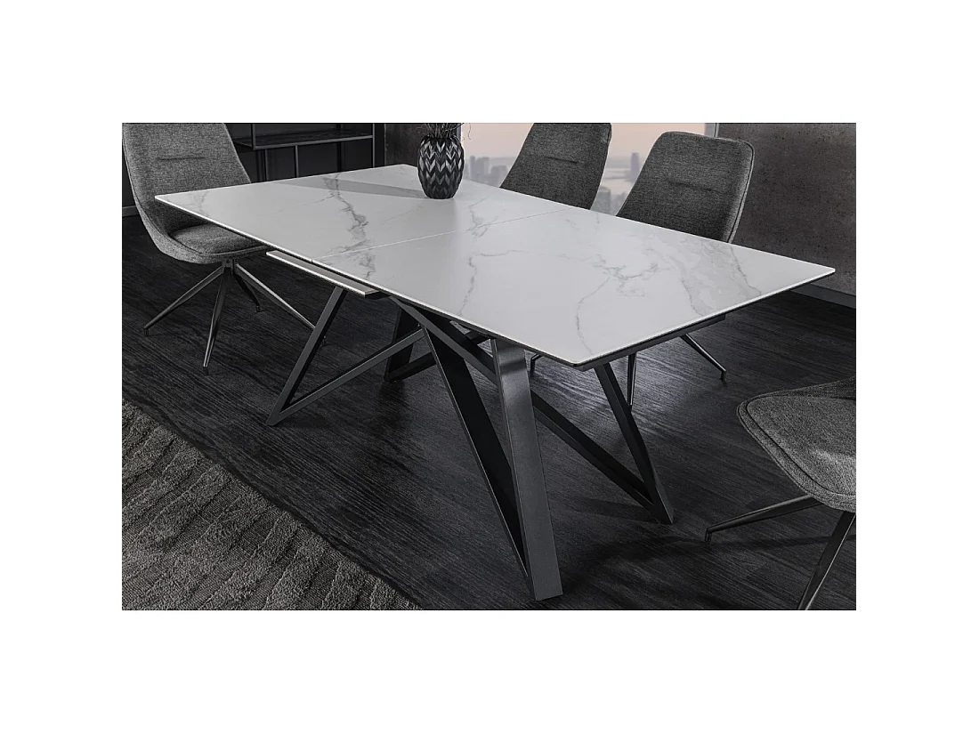 Table de salle à manger extensible LIXOR 160-200 cm – Céramique effet marbre blanc et piètement géométrique noir