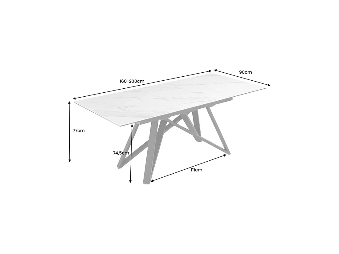 Table de salle à manger extensible LIXOR 160-200 cm – Céramique effet marbre blanc et piètement géométrique noir